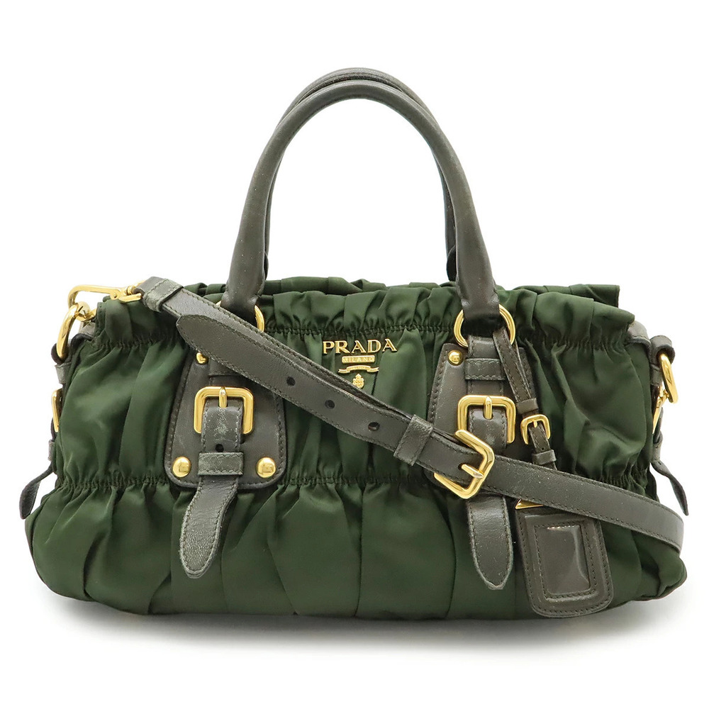 Prada Gathered Handbag Tote Bag Crossbody Khaki Green Dark Brown